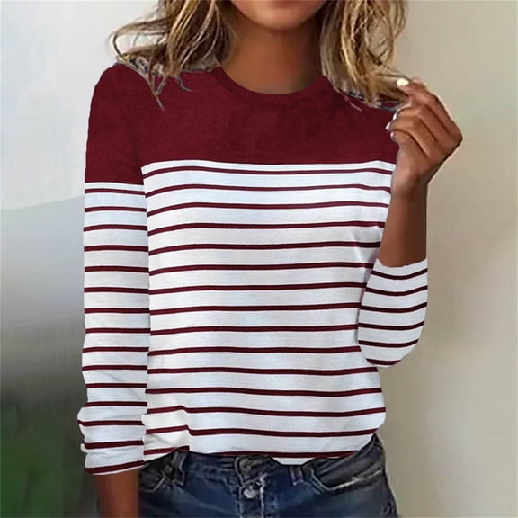 WNEGSTG Long Sleeve Shirts for Women Classic Striped T-Shirt Round Neck Sweatshirt Top Red