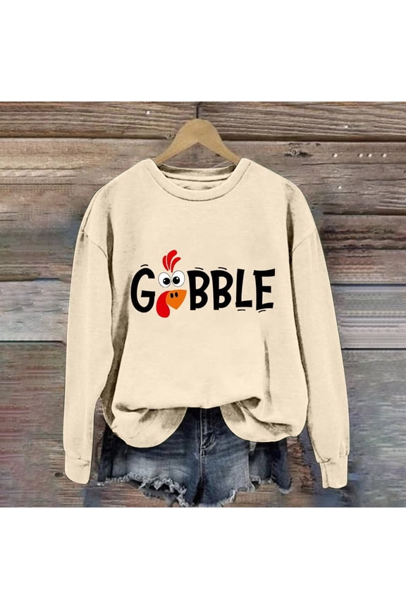 Long Sleeve Shirts for Women Gobble Turkey Letter Print Crew Neck Long Sleeve Top