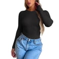 thumbnail image 1 of WNEGSTG Long Sleeve Shirts for Women Leisure Tight Elastic Solid Round Neck T Shirt Top Black, 1 of 7