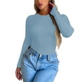 thumbnail image 1 of WNEGSTG Long Sleeve Shirts for Women Leisure Tight Elastic Solid Round Neck T Shirt Top Blue, 1 of 4
