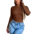 thumbnail image 1 of WNEGSTG Long Sleeve Shirts for Women Leisure Tight Elastic Solid Round Neck T Shirt Top Brown, 1 of 4