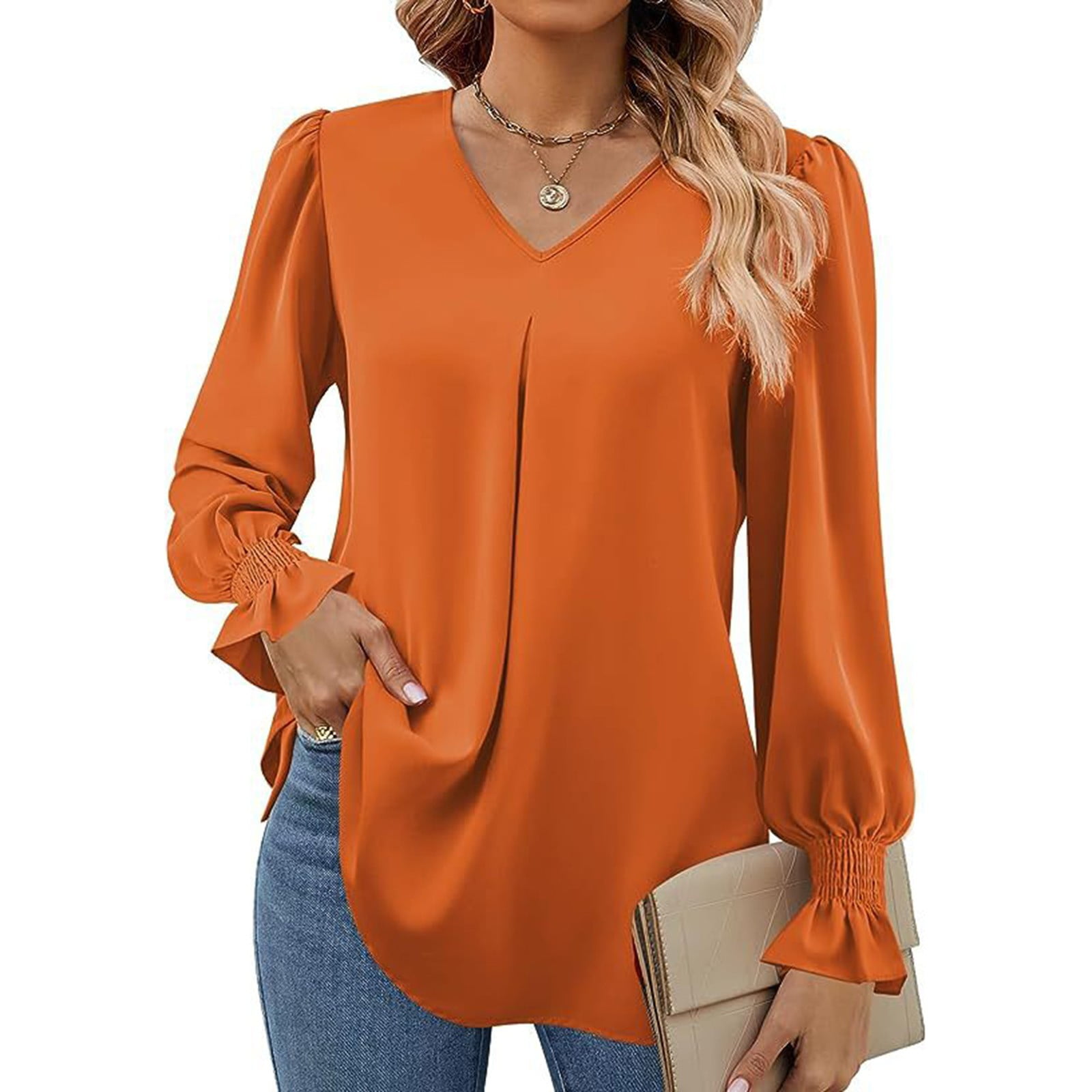 WNEGSTG Long Sleeve Shirts for Women V Neck Pullover Flared Sleeve