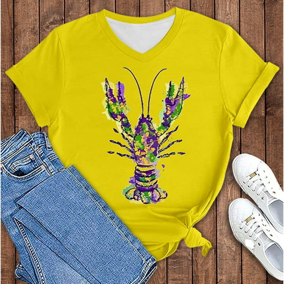 WNEGSTG Carnival T Shirts for Women, Short Sleeve V Neck Plus Size Graphic Tees, Women's Crawfish Print Shirt Pullover, Yellow XXL