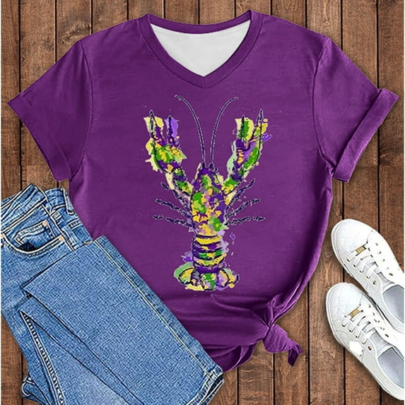 WNEGSTG Mardi Gras T Shirts for Women, Short Sleeve V Neck Plus Size Graphic Tees, Women's Carnival Crawfish Print Shirt Pullover, Red 3XL