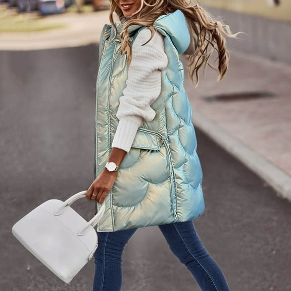 WNEGSTG Puffer Jackets Womens Womens Long Version Vest Quilted Faux Down Filled Hooded Vest Suitable for Autumn and Winter