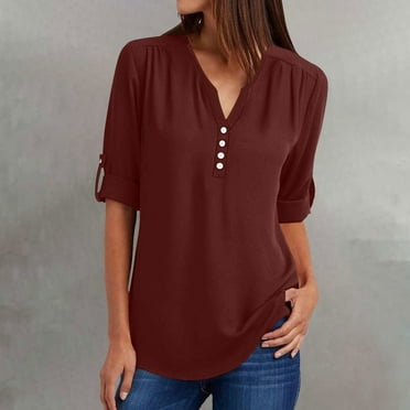 WNEGSTG Red T Shirts for Women, Long Sleeve Shirts for Women Notched Button Down V Neck Tunic Chiffon Tops Ladies Blouses Casual Spring 2025
