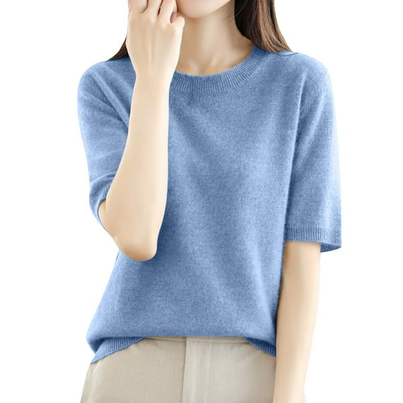 WNEGSTG Shirts for Women Plus Size Round Neck Solid Color Basic Knit T Shirt Light Blue