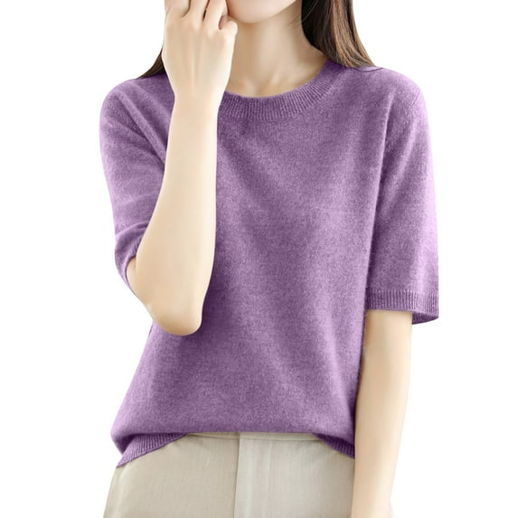 WNEGSTG Shirts for Women Plus Size Round Neck Solid Color Basic Knit T Shirt