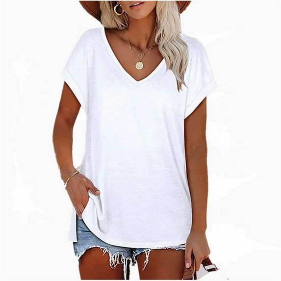 WNEGSTG T Shirts for Women 2024 Fashion Solid Color Slit V Neck Short Sleeved Ladies T Shirt