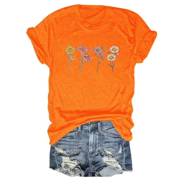 WNEGSTG T Shirts for Women Vintage Floral Printed T Shirt Orange