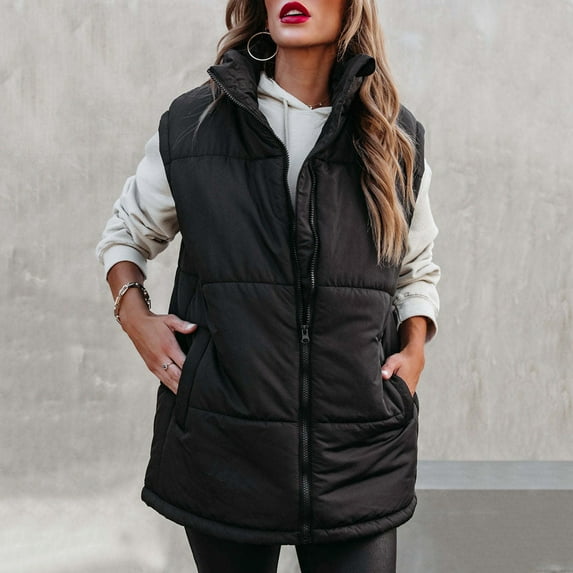 WNEGSTG Vests for Women 2023 Autumn Winter Solid Color Zipper Warm Stand Collar Cotton Vest Jacket with Pockets