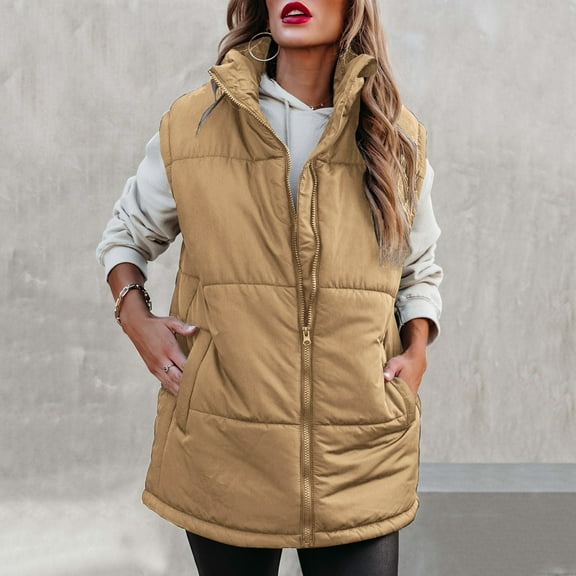 WNEGSTG Vests for Women 2023 Autumn Winter Solid Color Zipper Warm Stand Collar Cotton Vest Jacket with Pockets