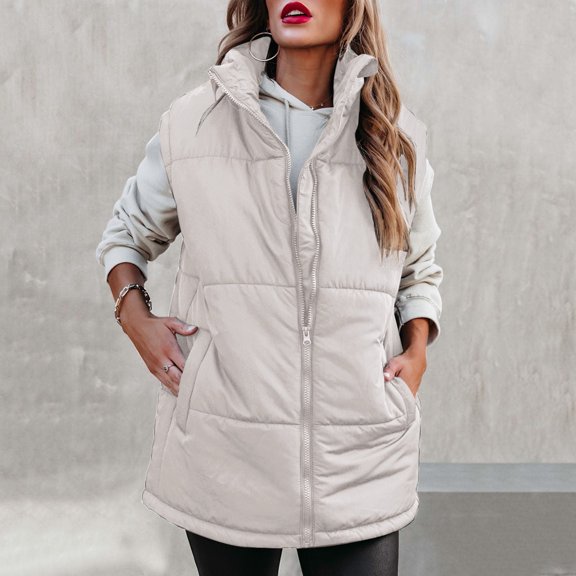 WNEGSTG Vests for Women 2023 Autumn Winter Solid Color Zipper Warm Stand Collar Cotton Vest Jacket with Pockets