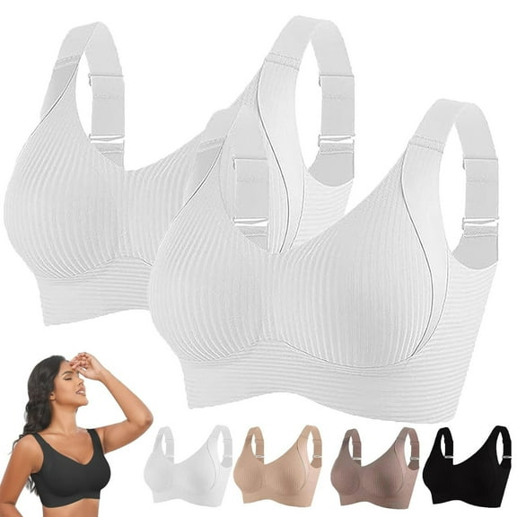 WNEGSTG White Sports Bras for Women, Sports Bras for Women Comfortable Ribbed Wireless Bralettes Adjustable Padded Everyday Bra 2Pc, M
