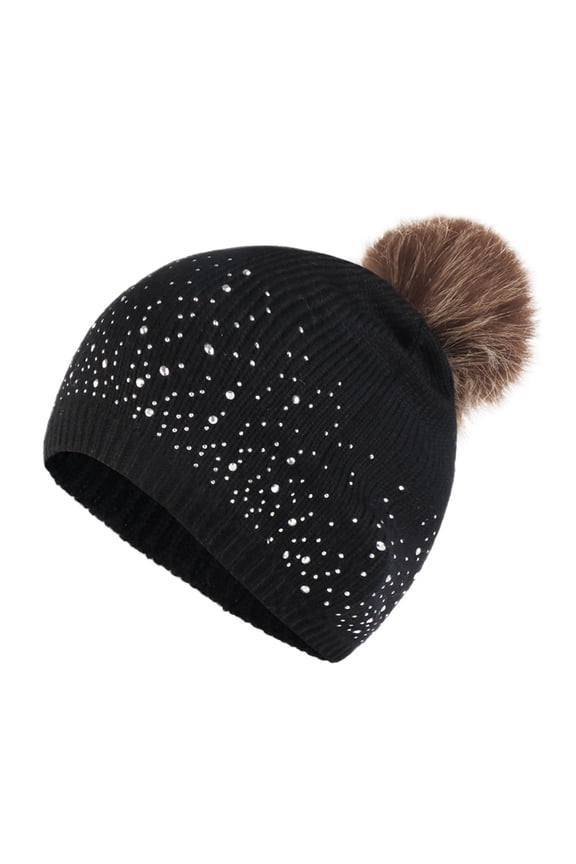 Winter Beanie for Women Sequin Faux Fur Chunky Knit Pom Pom Hat Skullcap Soft Warm Fuzzy Smooth