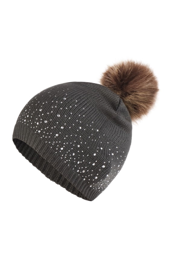 Winter Beanie for Women Sequin Faux Fur Chunky Knit Pom Pom Hat Skullcap Soft Warm Fuzzy Smooth