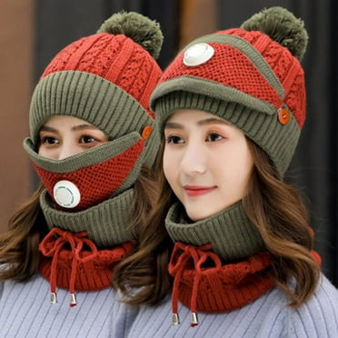 WNEGSTG Winter Solid Color Wool Hat Thickened Warm Ear Cold Knitted Hat Glove Scarf Three Piece Set