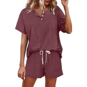 WNEGSTG Women's 2 Piece Outfits Two Piece Outfits for Sets Button Down Top and Shorts Set Sweatsuits with Pockets