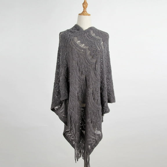 WNEGSTG Women's Autumn Winter Knitted Tassels Hooded Cloak Poncho Capes Shawl Loose Irregular Pullover Sweater Gray