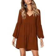 WNEGSTG Women's Babydoll Dresses Casual V-Neck Flutter Long Sleeve Dress Dating Party Mini Dress Brown