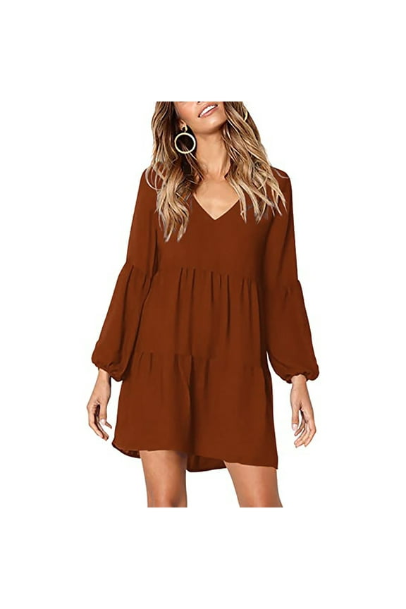 Women's Babydoll Dresses Casual V-Neck Flutter Long Sleeve Dress Dating Party Mini Dress Brown
