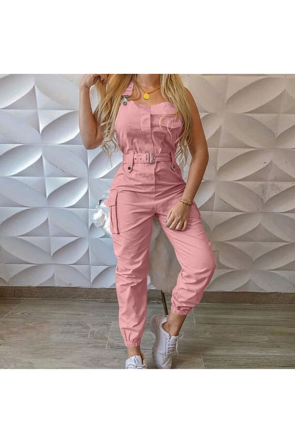 Women's Cargo Pants Adjustable Strap Jumper Solid Color Jumpsuit with Pockets Pink