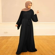 WNEGSTG Women's Casual Solid Muslim Dress Flare Sleeve Abaya Islamic Arab Kaftan Dress Black
