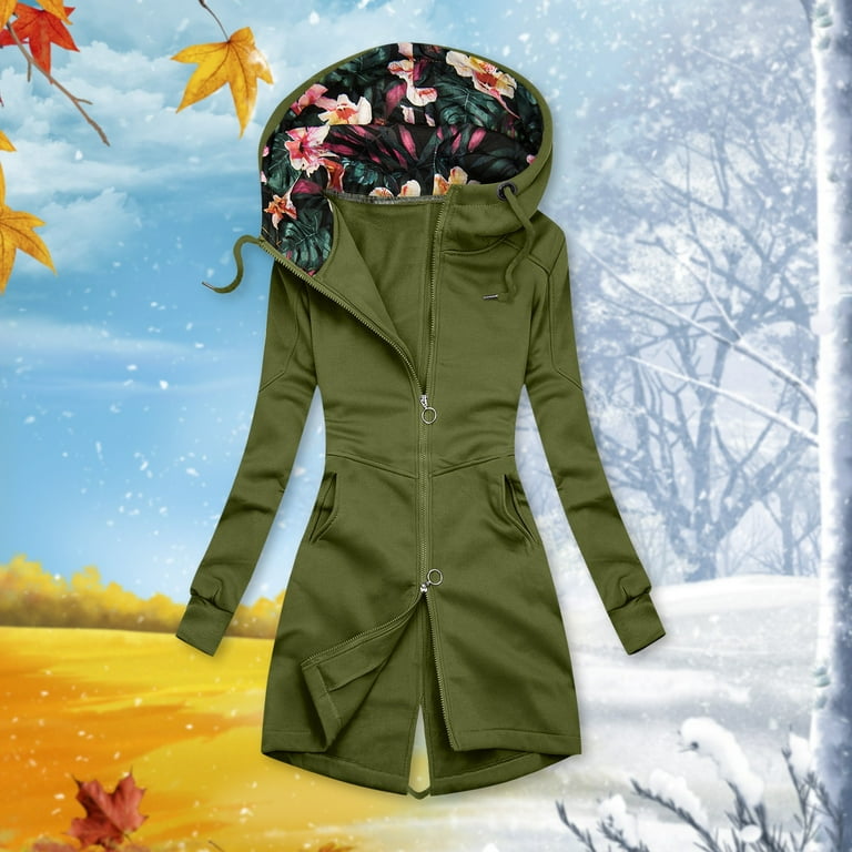 WNEGSTG Women s Mid Long Fleece Jacket Fashion Print Hooded Turtleneck Zipper Coat with Pocket Fall Fashion 2023