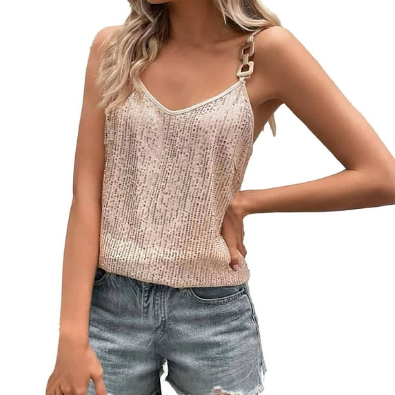 WNEGSTG Women's Sequin Fringe Party Tank Top Tassel Trim Sexy Las Disco Sequin Camisole Gold