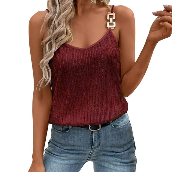WNEGSTG Women's Sequin Fringe Party Tank Top Tassel Trim Sexy Las Disco Sequin Camisole Red