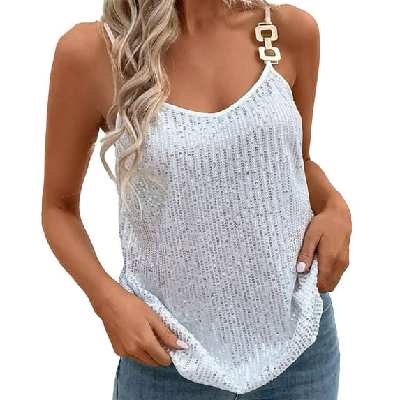 WNEGSTG Women's Sequin Fringe Party Tank Top Tassel Trim Sexy Las Disco Sequin Camisole White
