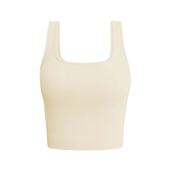 WNEGSTG Women's Square Neck Cropped Tank Tops for Women Ribbed Crop Cami Shirts Summer Beach Shirts Beige