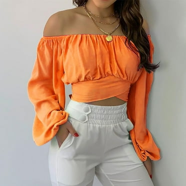 WNEGSTG Womens Blouses and Tops Dressy Women Cute Off Shoulder Ruched Tie Back Crop Top Summer Lantern Sleeve Boho Trendy Blouse