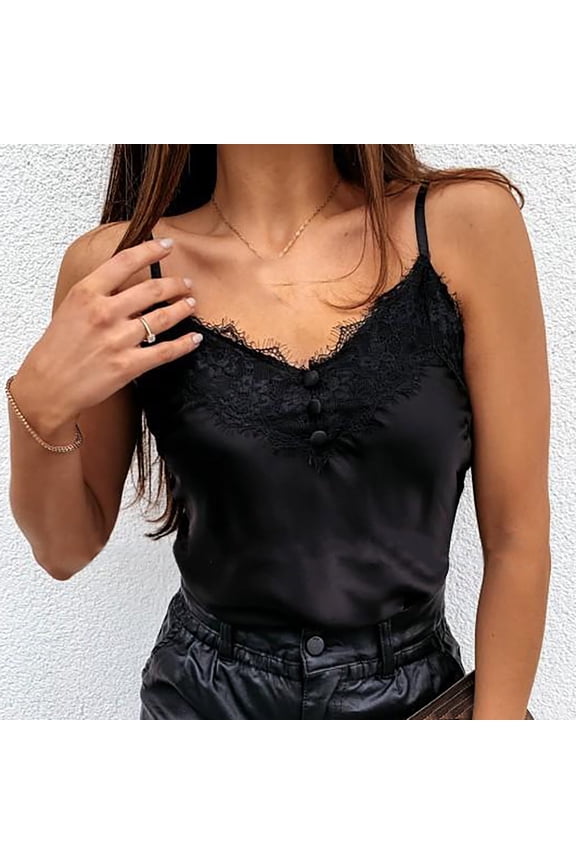 Womens Camisoles Tank Tops Lace Silk Stain Cami Basic V Neck Spaghetti Strap Tank Tops