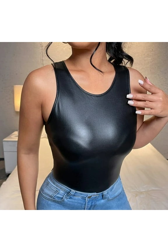 Womens Glitter Strappy Cami Ladies Sexy Faux Leather Tank Crop Top Vest Top Black