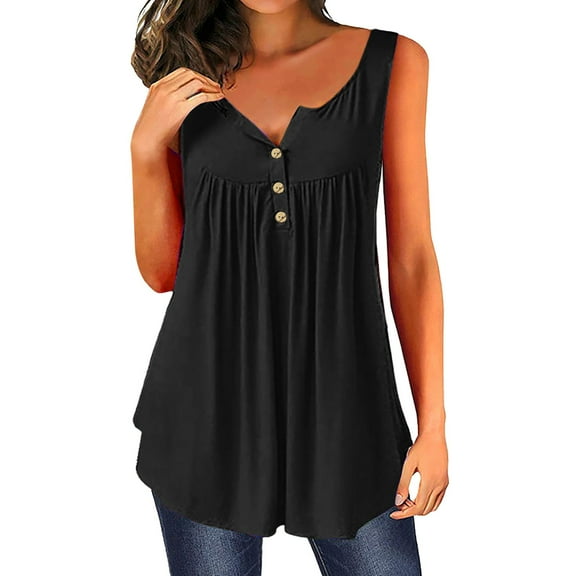 WNEGSTG Womens Henley Neck Flowy Pleated Blouse Button Sleeve Tank Top Black