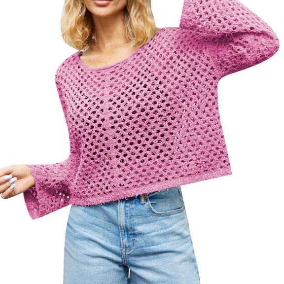 WNEGSTG Womens Spring Tops Cardigan Blouses Dressy Casual,Women's Crew Neck Sexy Hollowed Out See Through Sweater Pullover