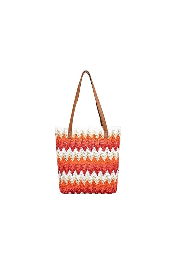 Wave Stripe Handwoven Straw Tote Bag Breathable Comfort Double Leather Handle Spacious Lightweight Bag Beach Vacation Outdoor Casual Daily Carry Use,Orange