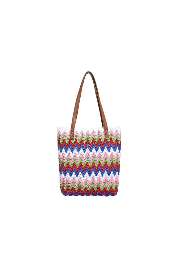 Wave Stripe Handwoven Straw Tote Bag Breathable Comfort Double Leather Handle Spacious Lightweight Bag Beach Vacation Outdoor Casual Daily Carry Use,Multicolor