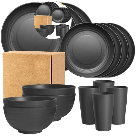 WNFJR 16 Pcs Kitchen Wheat Straw Dinnerware Set, Plastic Reuasble Dinner Dishes Serving Plate Set for Kitchen, Including Dinner Plate, Dessert Plate, Bowl, Cup