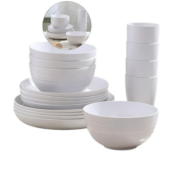 WNFJR 16 Pcs Kitchen Wheat Straw Dinnerware Set, Plastic Reuasble Dinner Dishes Serving Plate Set for Kitchen, Including Dinner Plate, Dessert Plate, Bowl, Cup