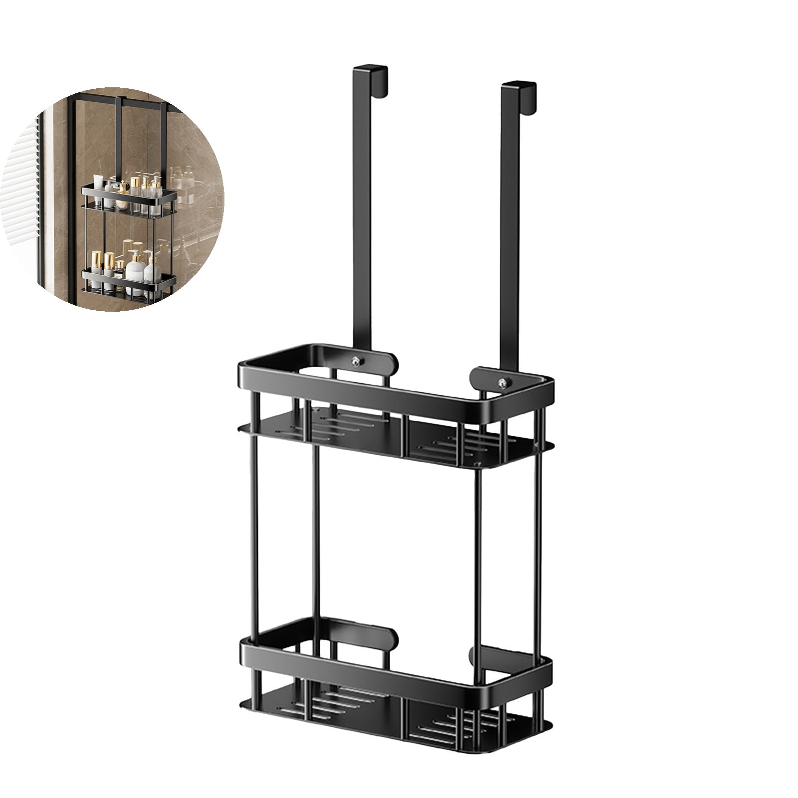 WNFJR 2-Tier Over the Door Shower Caddy Organizer, Stainless Steel Bathroom Storage Rack with Hooks and Basket Hangers