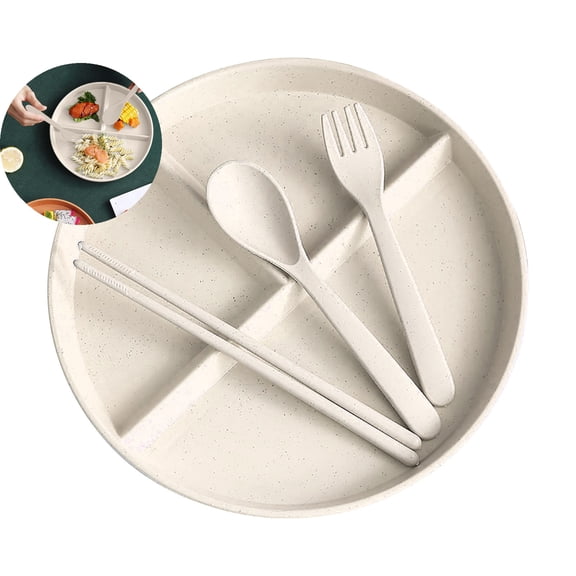 WNFJR 3-Compartment Divided Tableware Set – Microwave Safe Fiber Plate with Spoon, Fork & Chopsticks – Meal Tray