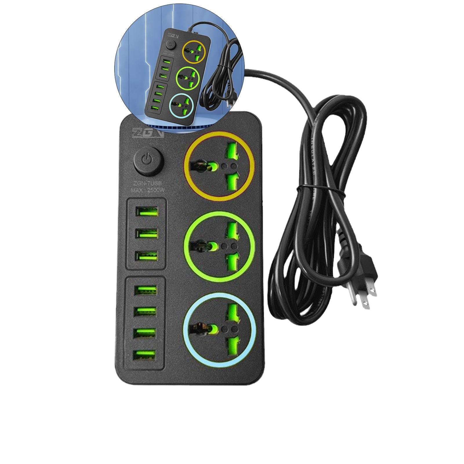 WNFJR 3-Outlet Power Strip with Surge Protector, 7 USB Ports, 78.7in ...
