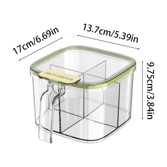 WNFJR 4 Compartments Seasoning Box with Cover and Serving Spoon, Transparent Spice Pot Clear Seasoning Storage Box Container Kitchen Condiment Jars for Kitchen Salt Pepper Sugar