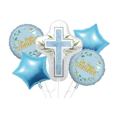 WNFJR Baptism Theme Aluminum Foil Balloons Set - Reusable Blue Communion Decorations for Baby's Christening, Birthday & Party Celebrations