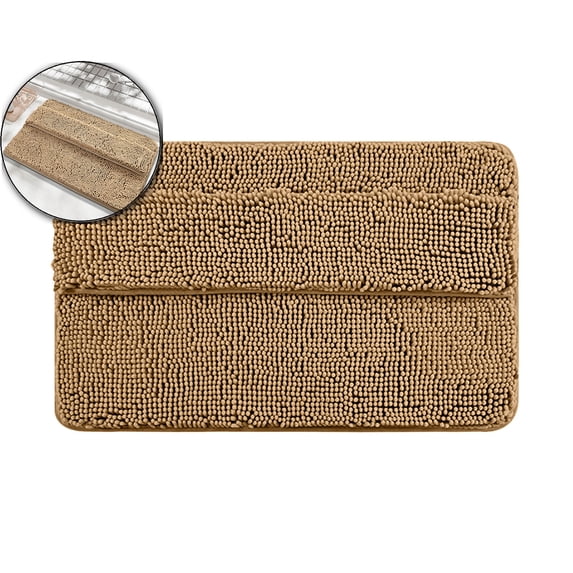 WNFJR Bathroom Rugs Double Layer Soft Absorbent Bath Rug Plush Bath Mat Non Slip Machine Washable Carpet for Wipe The Instep Toilet Shower Tub(Khaki)