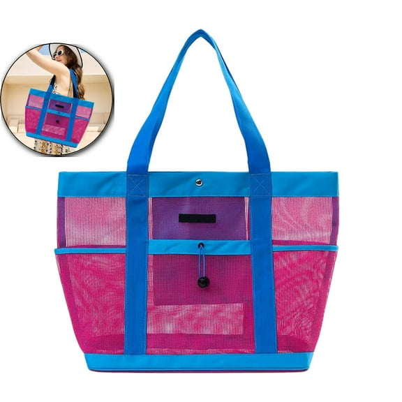 WNFJR Beach Bag, Mesh Beach Bag Women's Mesh Beach Tote 5 Pockets Foldable, Travel Pool Vacation Cruise Essentials(Pink)
