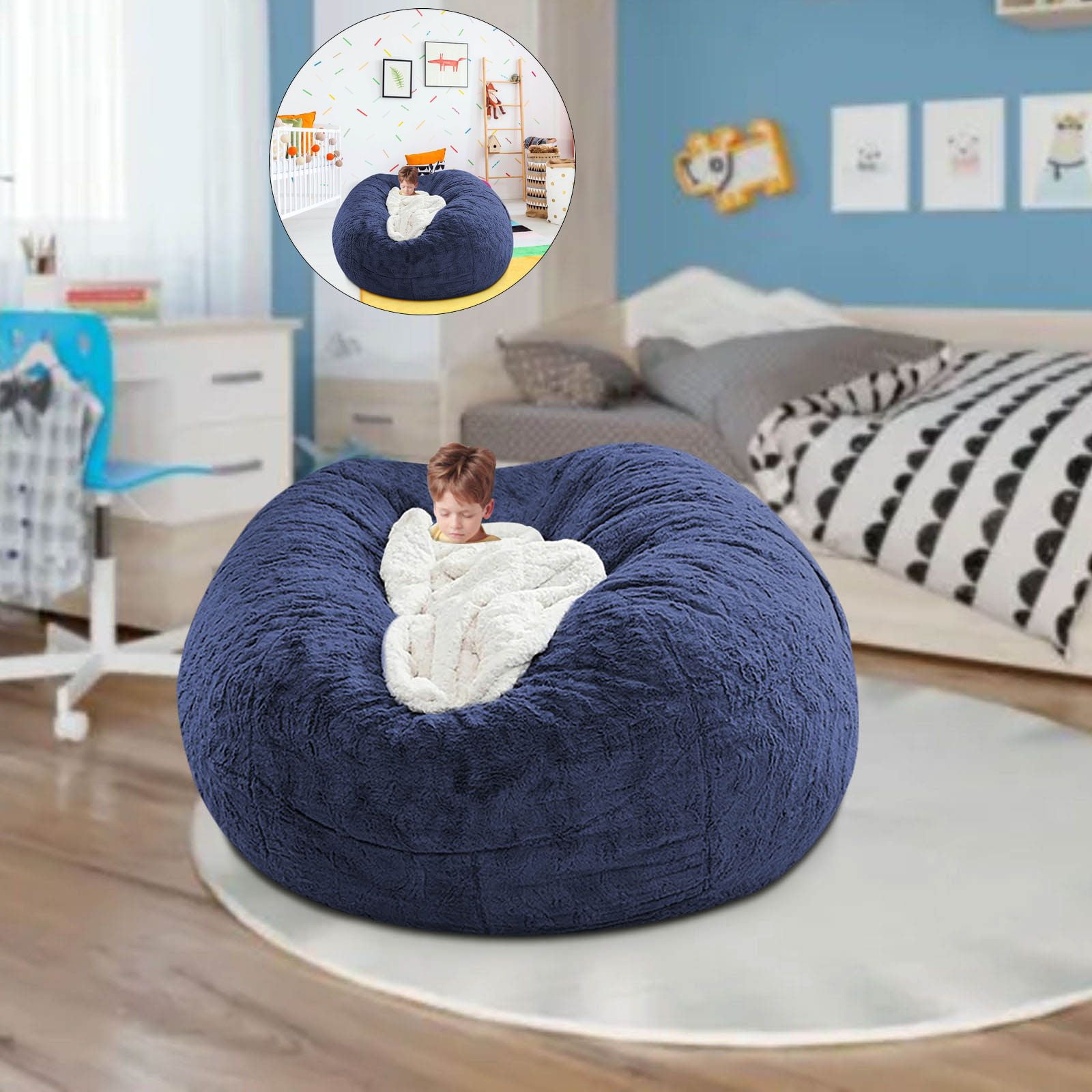 WNFJR Bean Bag Chair Cover, Giant Bean Bag Cover for adults, Big Round Soft Fluffy Faux Fur Bean Bag Lazy Sofa Bed Cover for Bedroom, Machine Washable