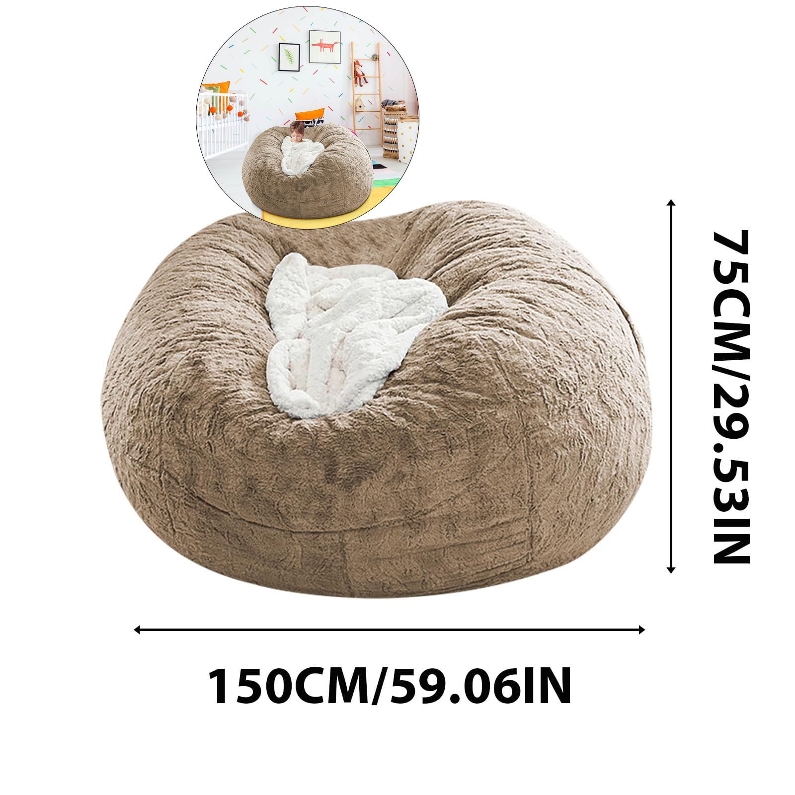 WNFJR Bean Bag Chair Cover, Giant Bean Bag Cover for adults, Big Round Soft Fluffy Faux Fur Bean Bag Lazy Sofa Bed Cover for Bedroom, Machine Washable